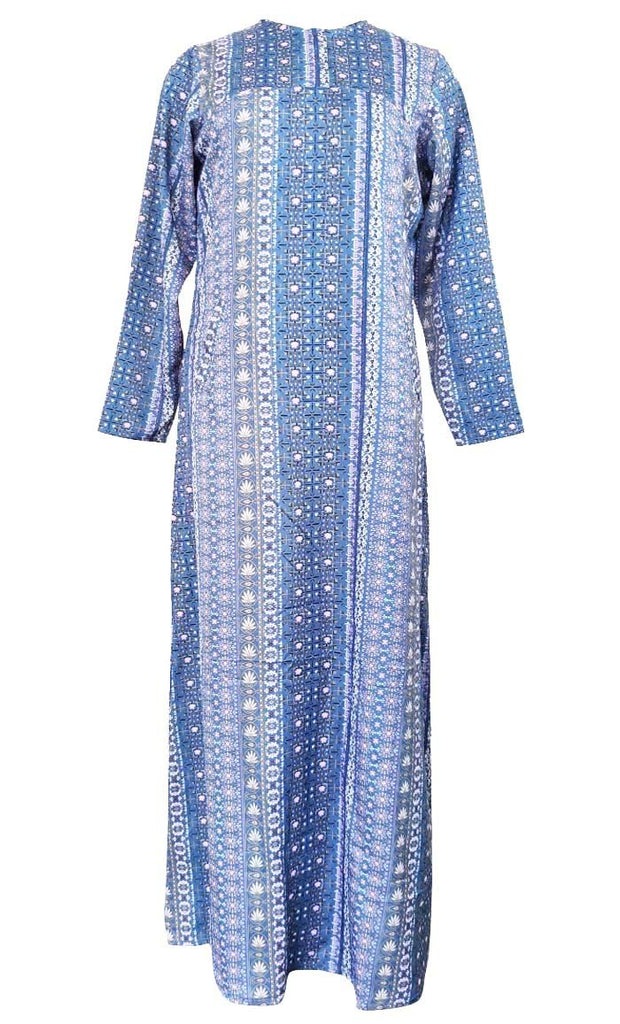 Modest Comfortable Blue Abstract Printed Abaya With Pockets - EastEssence.com