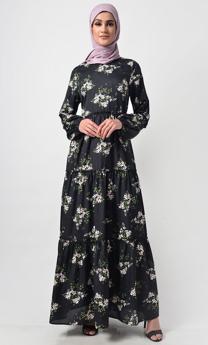 

Multi-Tier Crepe Floral Printed Abaya Dress