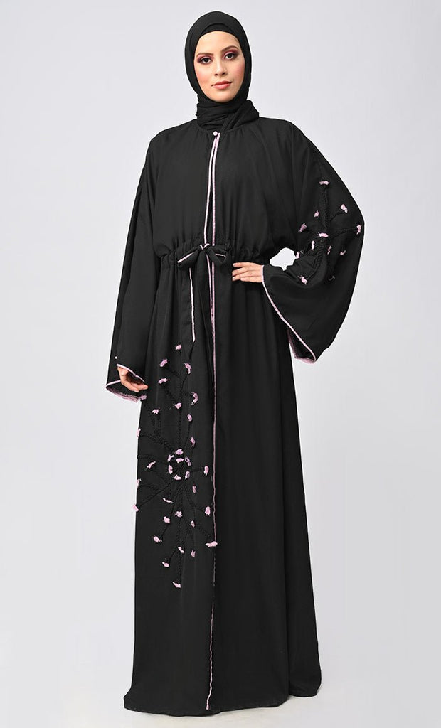 New Black Flower Braided Detailing Islamic Abaya With Matching Inner And Belt - saltykissesboutique.com