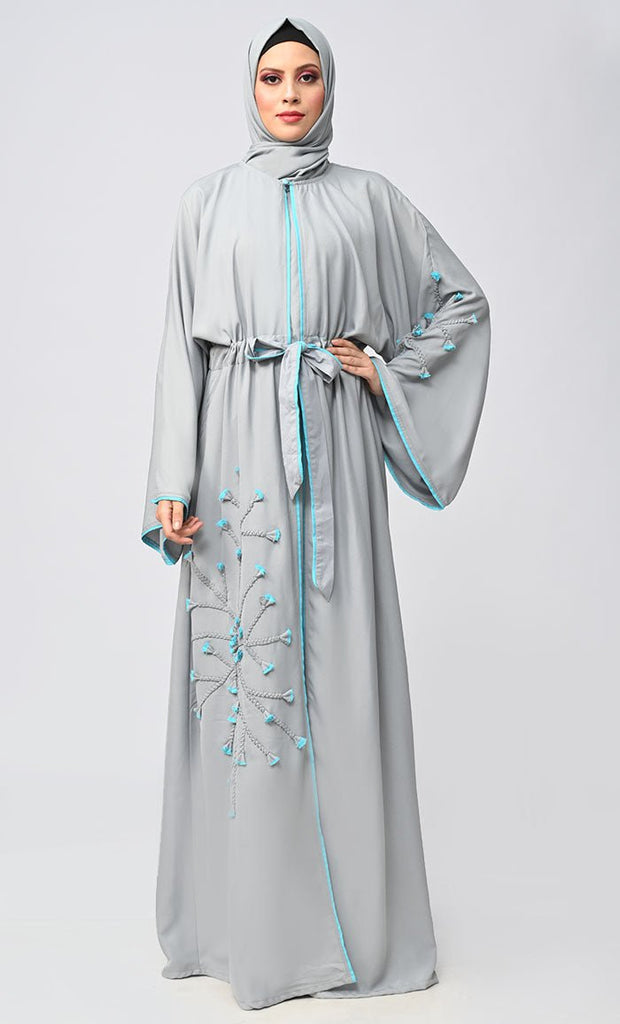 New Grey Flower Braided Detailing Islamic Abaya With Matching Inner And Belt - saltykissesboutique.com