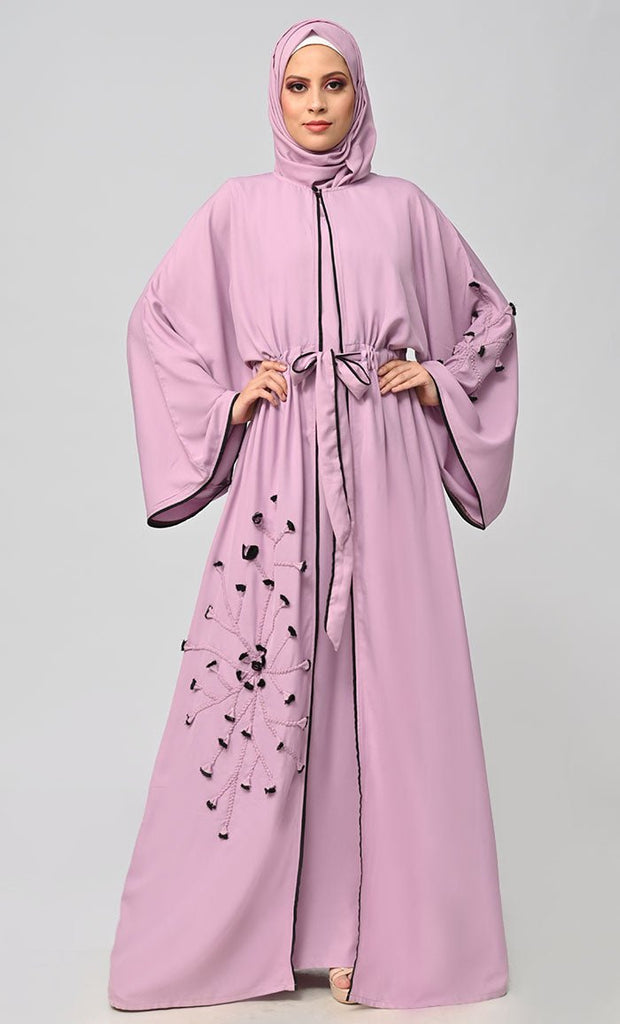 New Lavender Flower Braided Detailing Islamic Abaya With Matching Inner And Belt - saltykissesboutique.com