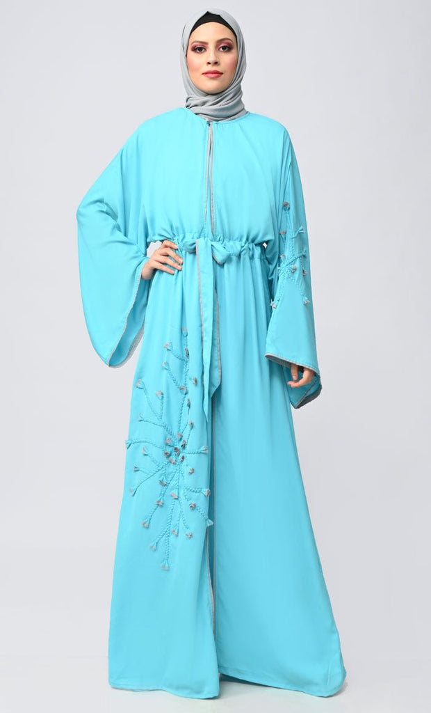 New Turquoise Flower Braided Detailing Islamic Abaya With Matching Inner And Belt - saltykissesboutique.com