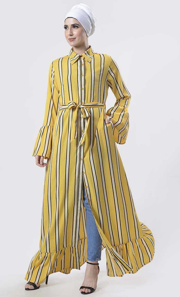 Stunning Yellow Striped Buttons Down Abaya – EastEssence.com