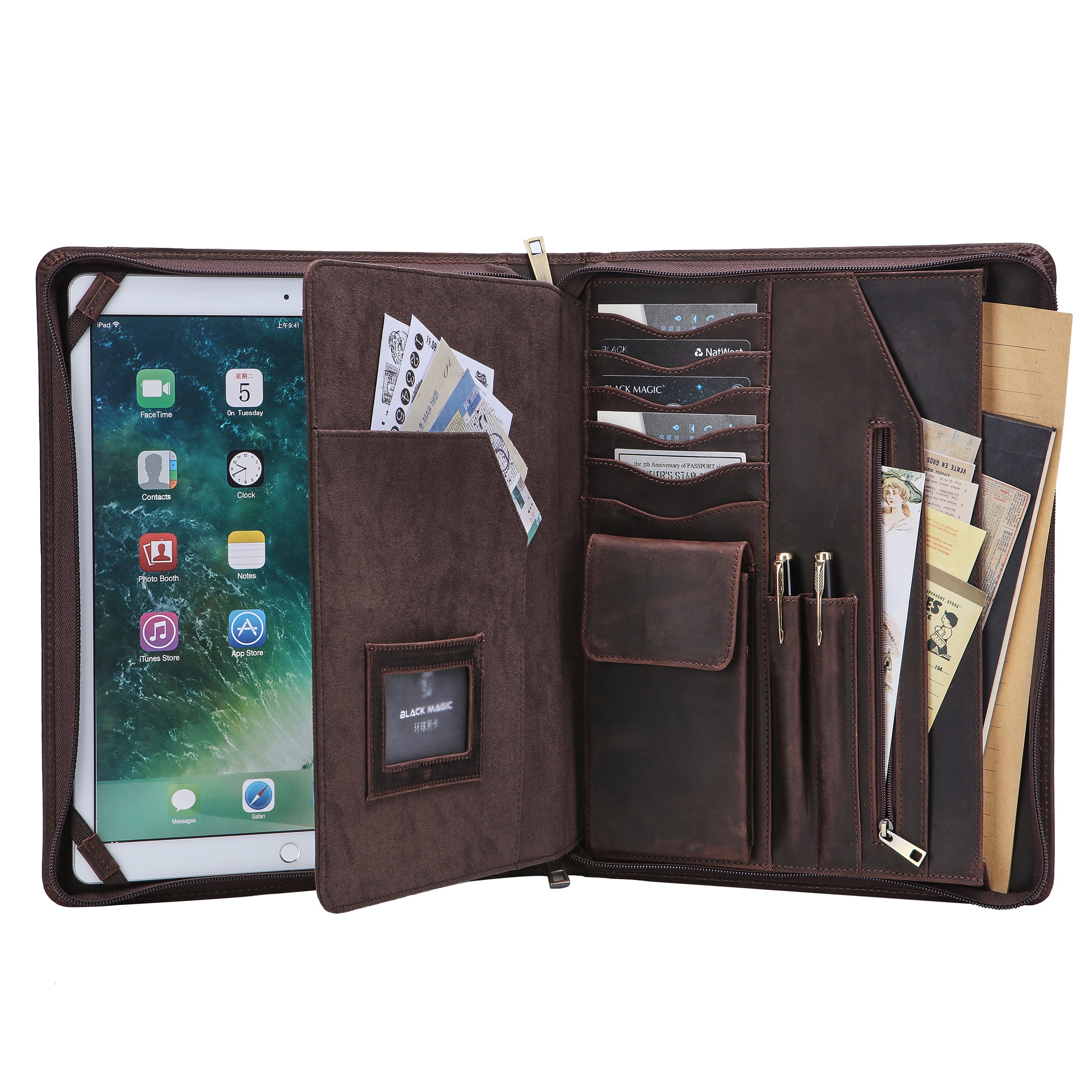 Zippered Leather Portfolio with iPad Case A4 Size Writing Pad Holder ...