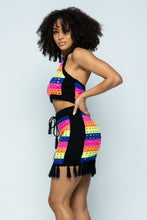 Load image into Gallery viewer, Striped Multi Color Laser Cut Cropped Halter Top/short Skirt Knit 2 Piece Set With Tassels