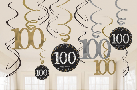 Hanging Swirl Decorations - 100th (Black, Gold & Silver) (9901739)