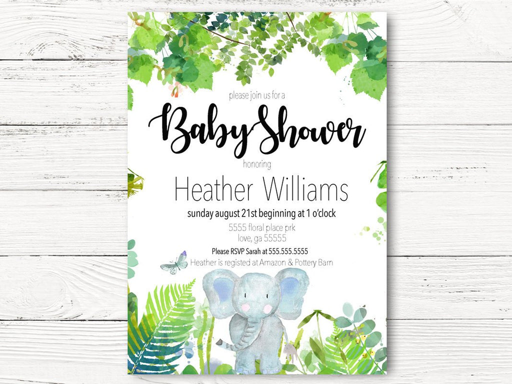 digital green elephant baby shower invitations