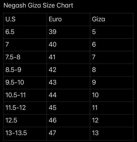 Giza Size Chart