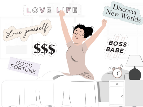 happy woman with vision board