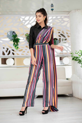 Striped indo western pant and saree set