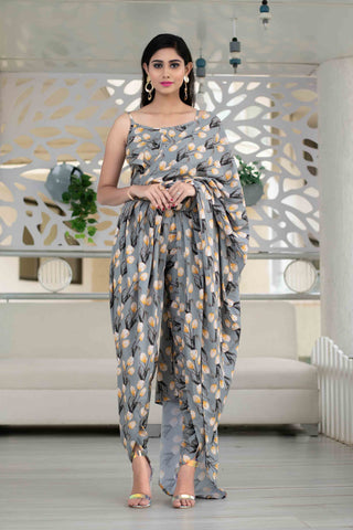 Grey yellow indo western dhoti saree set