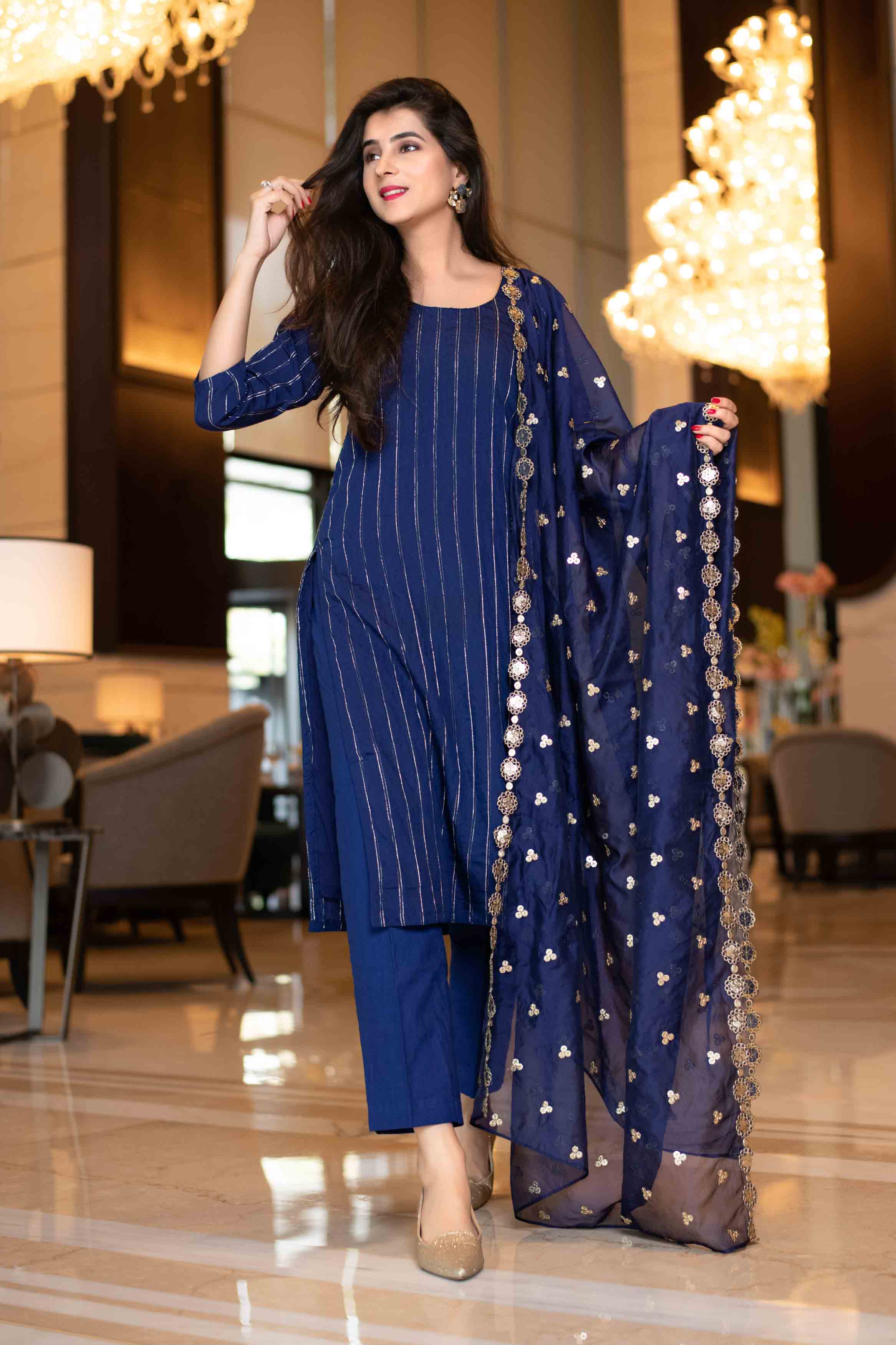 Kurta Set - Royal Blue Kurta Set With Organza Dupatta Online in India ...