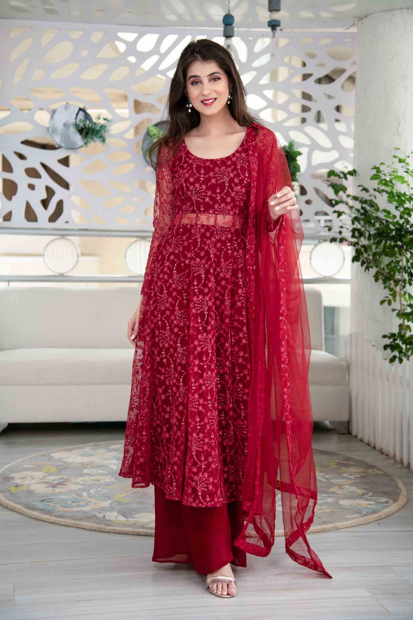 BUY RED HEAVY THREAD WORK ANARKALI WITH PALAZZO- TYPES OF ANARKALI DRESS