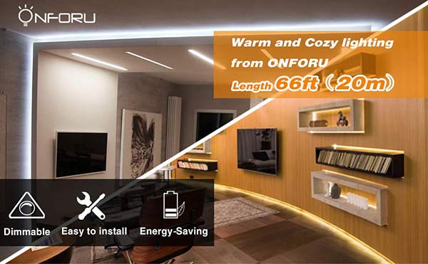 Onforu 66ft Dimmable LED Strip Lights Kit, UL Listed Power Supply, 6000K Daylight White, 20m 1200 Units 2835 LEDs, 12V LED Rope, Under Cabinet Lighting Strips with Dimmer, Non-Waterproof LED Tape.