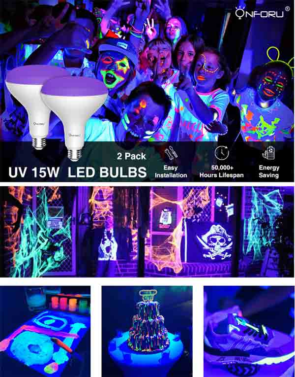 Onforu UV LED Black Light Bulbs,15W BR30 E26 Black Light Bulb for Glow in The Dark, UVA Level 385-400nm, UV Light Bulb for Blacklight Party, Body Paint, Fluorescent Poster, Neon Glow (2 Pack)