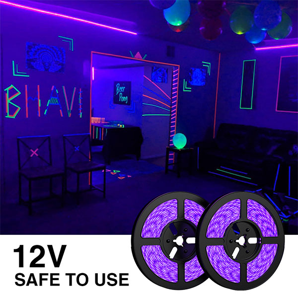 33ft LED UV Black Light Strip Kit 600 Units UV Lamp Beads 12V Flexible Blacklight Fixtures Non-Waterproof for Indoor Fluorescent Dance Party