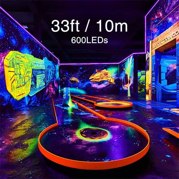 33ft LED UV Black Light Strip Kit 600 Units UV Lamp Beads 12V Flexible Blacklight Fixtures Non-Waterproof for Indoor Fluorescent Dance Party