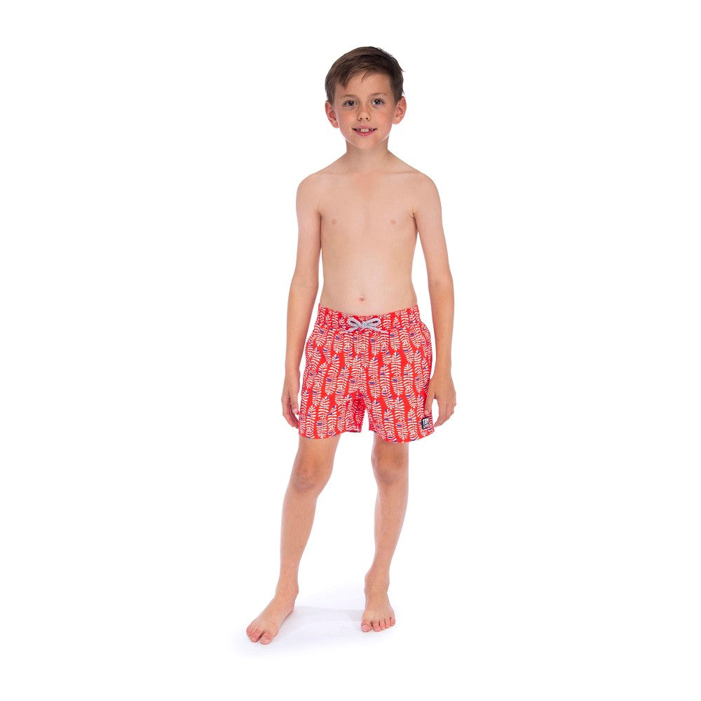 boys red swim shorts with white rowan leaf and blue pattern 