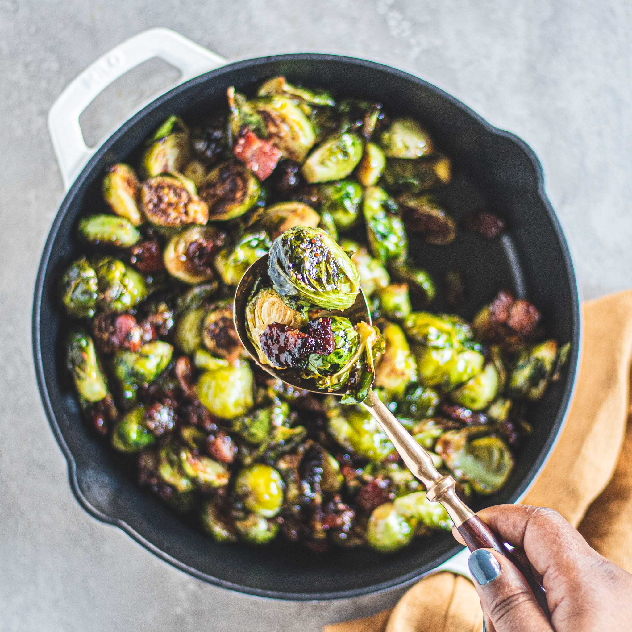 Maple Bacon Bourbon Brussel Sprouts in Milo Cast Iron Skillet