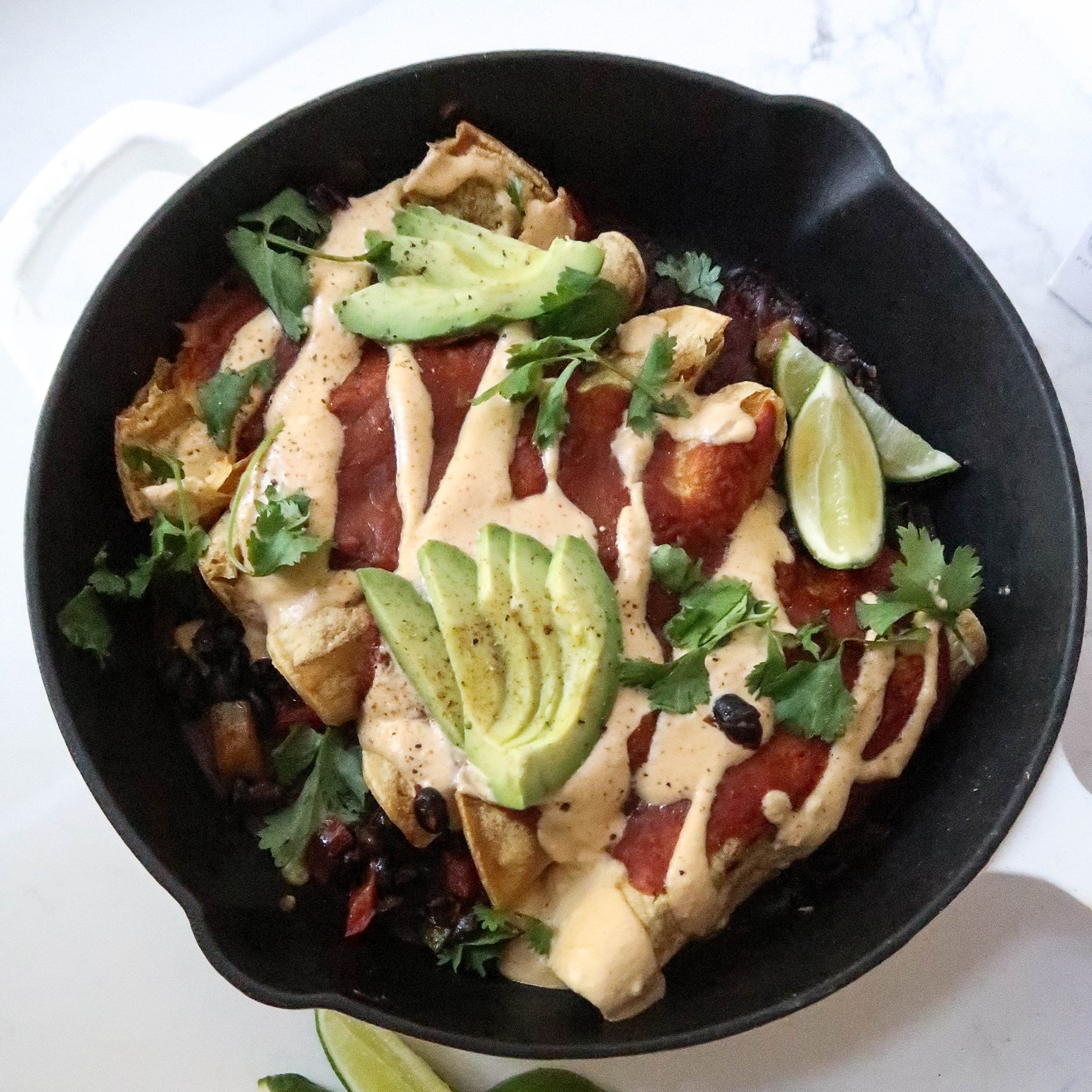 Skillet Veggie Enchiladas with Chipotle Cashew Queso