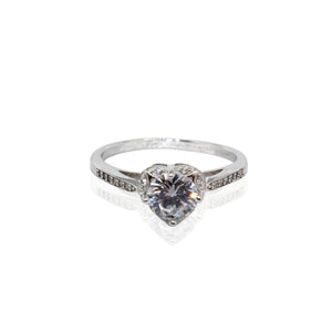 Round Solitaire Heart Setting Basket Paved CZ Sterling Silver Ring