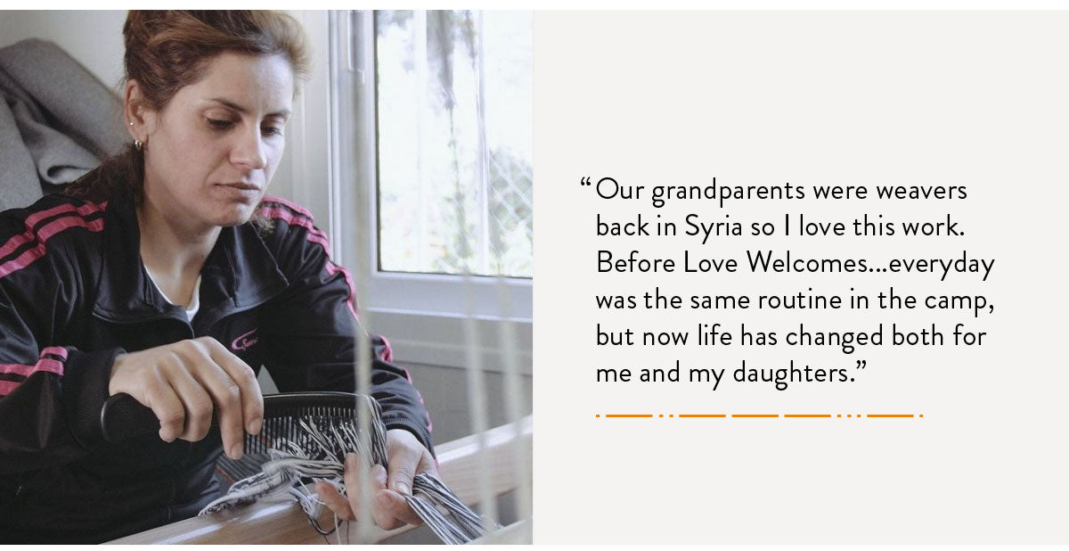 Layla - a Love Welcomes Refugee - sits at a loom, weaving in a camp workshop in Greece. 