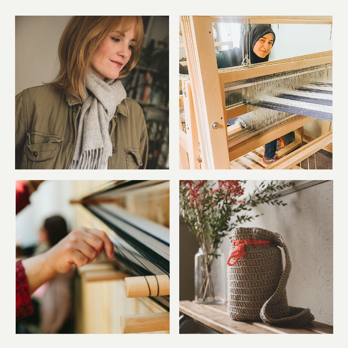 Grid of 4 images: 1 - A woman with ginger hair wears a Love Welcomes light grey cashmere scarf around her neck with an olive green jacket. 2- A Love Welcomes woman who is a refugee peers at the camera through a weaving loom, wearing a headscarf. 3 - A close up of a Love Welcomes woman's hand preparing the materials for weaving. 4 - A Love Welcomes hand crocheted bag in brown with orange tie. 