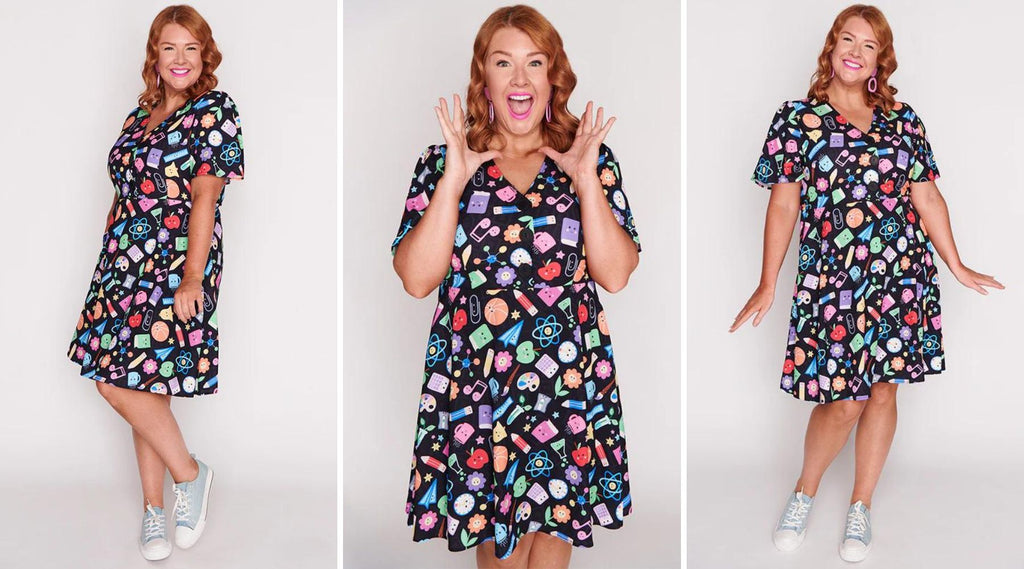 Model wearing fun printed dress for teachers