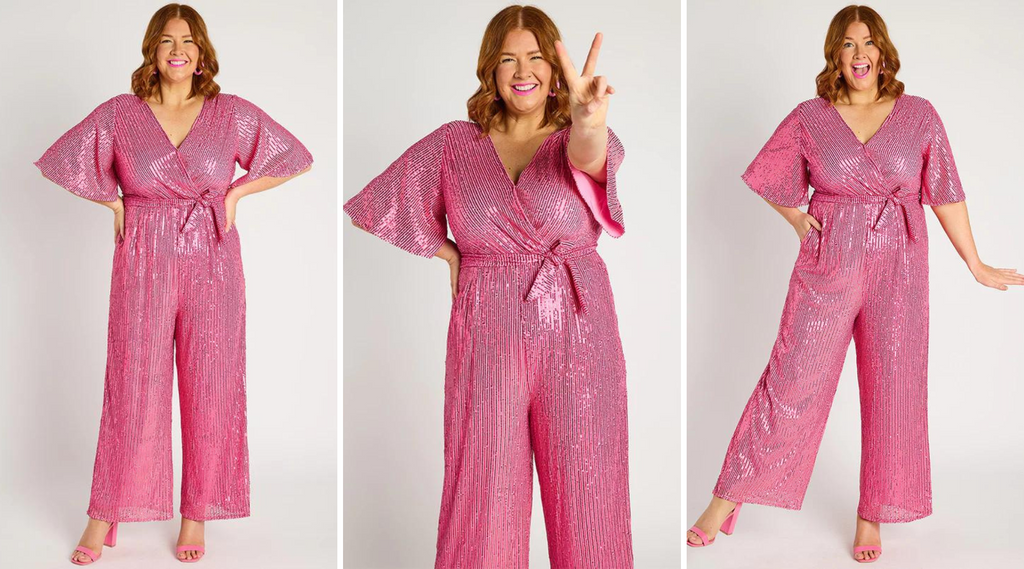 Model wearing pink barbie inspired outfit, sequin jumpsuit