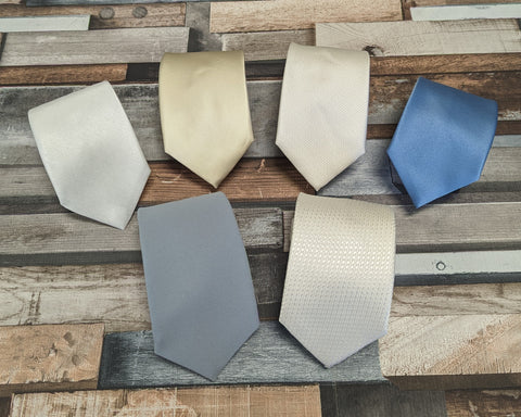 The range of polyester wedding ties in a range of different fabric finishes