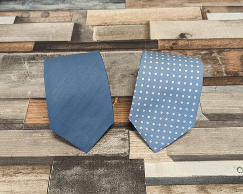 Cotton wedding tie options, with a plain blue cotton tie and a spotty one too