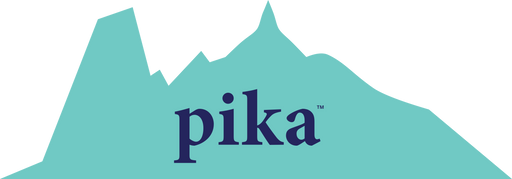 Light blue mountain range with the word "Pika" written in a deep purple. Pika logo.