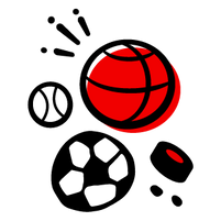 A collection of cartoon sports equipment, including a baseball, soccer ball, basketball, and hockey puck.