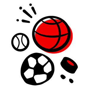 A collection of cartoon sports equipment, including a baseball, soccer ball, basketball, and hockey puck.