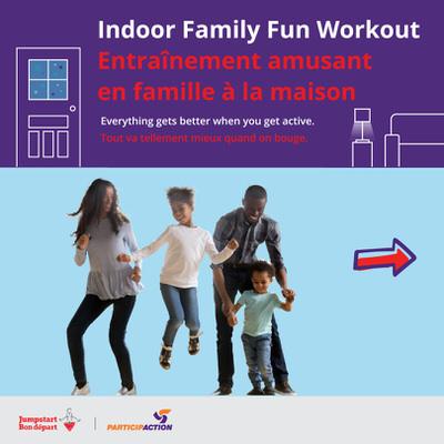 Indoor Family Fun Workout: everything gets better when you get active. A family of four, two parents and two young children, dance with the young girl jumping in the air.