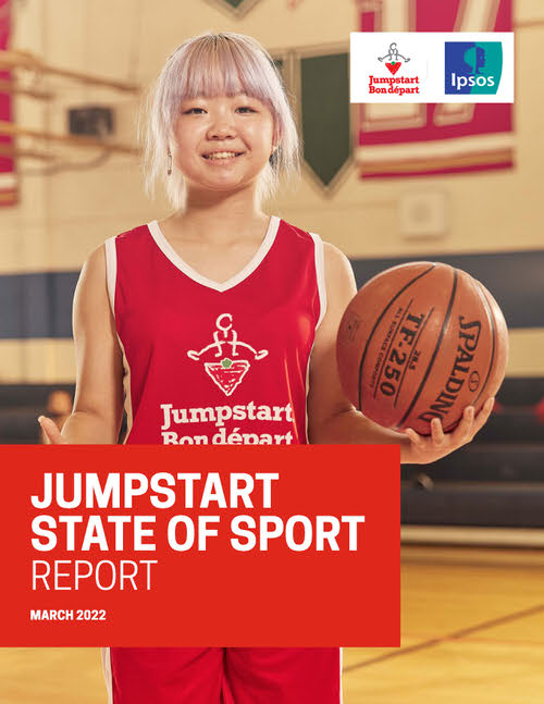 Jumpstart State of Sport Report Cover. A girl wearing a red basketball jersey with the jumpstart logo stands in a gymnasium smiling at the camera while holding a basketball. The Jumpstart and Ipsos logos are in the top right corner. Dated March 2022.