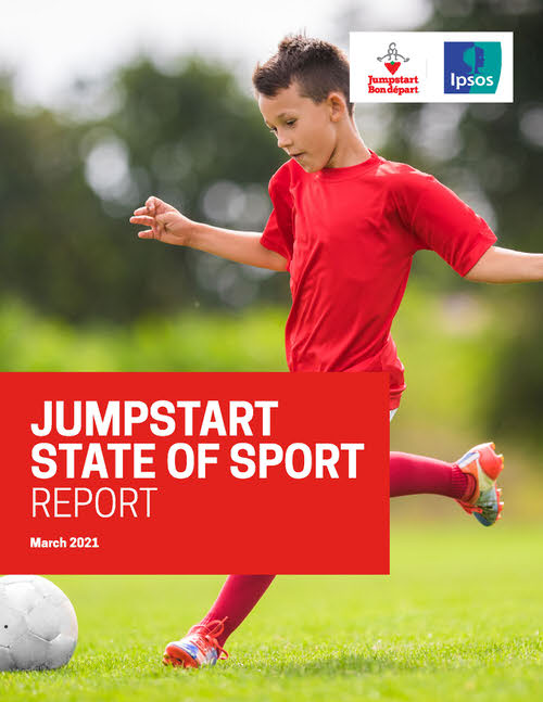 Jumpstart State of Sport Report Cover. A boy wearing a red soccer uniform runs up to kick a soccer ball in a field. The Jumpstart and Ipsos logos are in the top right corner. Dated March 2021.