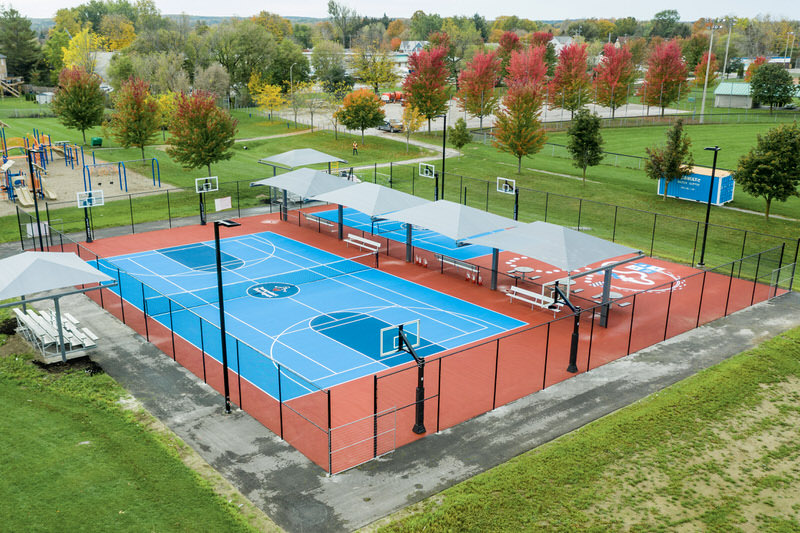 An aerial photo of the Jumpstart Inclusive Multi Sport Court in Uxbridge, Ontario.