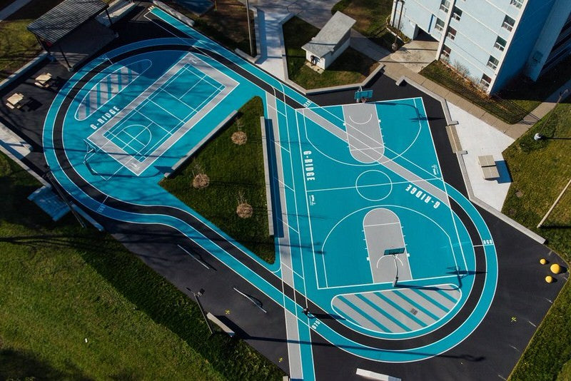 An aerial photo of the Gordonridge Community Multi-Sport Court in Toronto, Ontario.