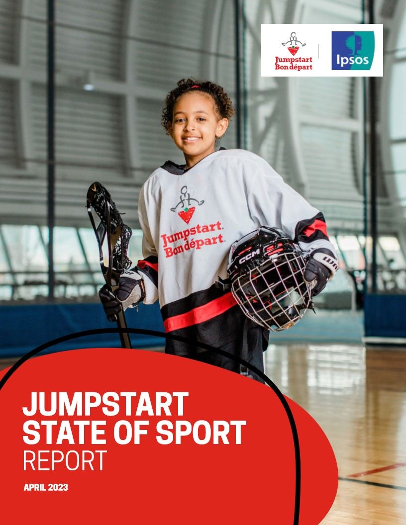 Jumpstart State of Sport Report Cover. A girl wearing a red basketball jersey with the jumpstart logo stands in a gymnasium smiling at the camera while holding a basketball. The Jumpstart and Ipsos logos are in the top right corner. Dated March 2022.