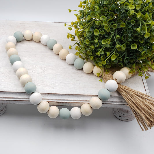 Turquoise Wood Bead Garland with Tassels, Farmhouse Beads