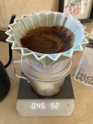 Wet coffee grounds at 45 seconds from the first pour