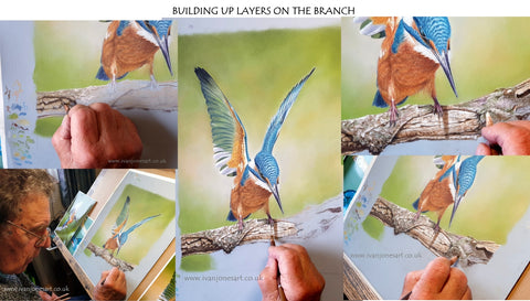 Adding the branch to the kingfisher painting