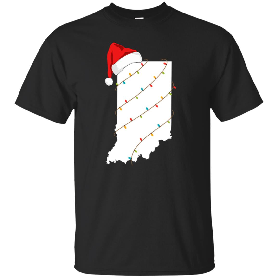 Indiana Map Christmas With Santa Hat Xmas Lights T Shirt