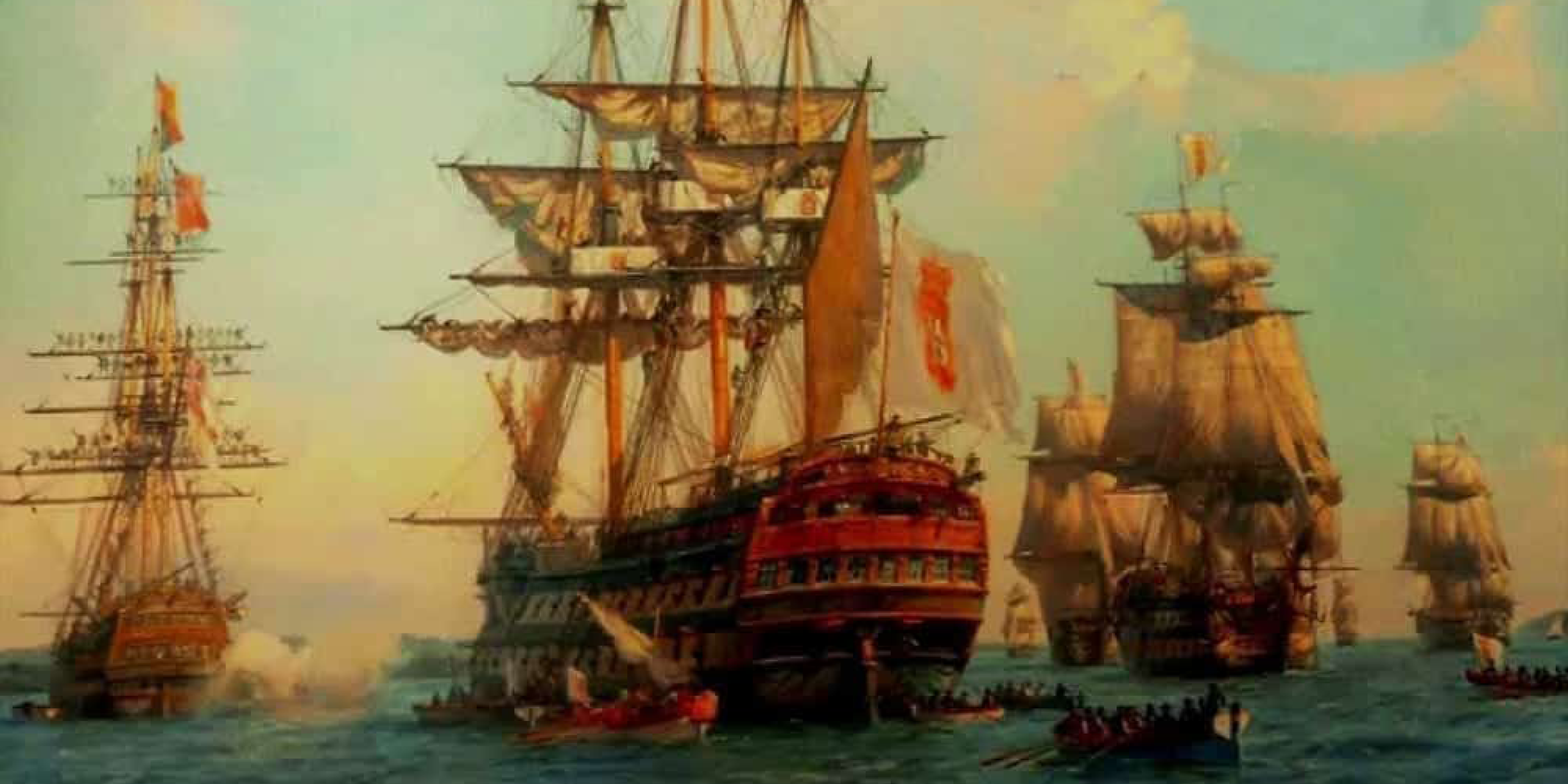 Imagem. Pintura a óleo de antigas embarcações. Há pelo menos seis navios na tela, com outros barcos menores cercando seus grandes cascos. Estão em alto mar.  As cores que predominam são o ocre do sol poente, o marrom da madeira e branco das velas, além do azul marítimo. Todas as tonalidades parecem envelhecidas. Fim da descrição.