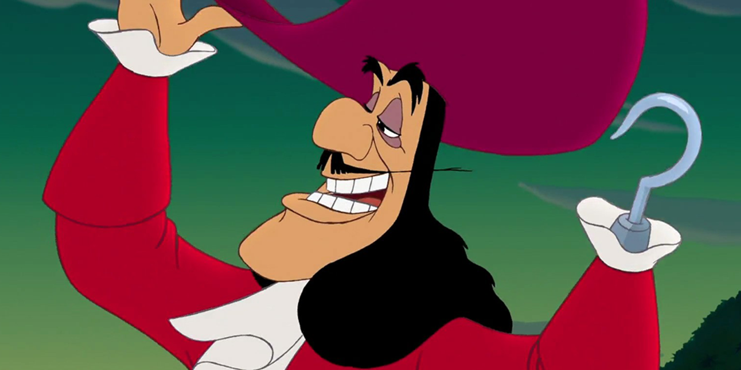 Imagem. Frame de animação "Peter Pan", exibindo o Capitão Gancho. O personagem traja roupas de navegação na cor vermelha, com babados branco na altura do perto e pulsos. Possui queixo alongado e um gancho no local da mão esquerda. Fim da descrição.