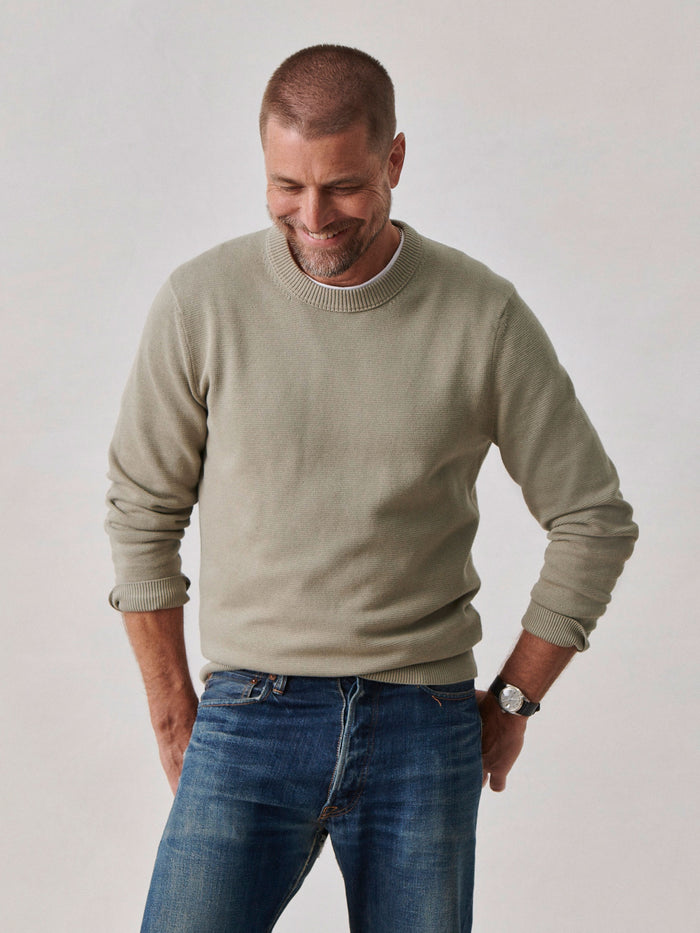 Model Wearing Sandstone Vintage Dyed Cotton Traveler Sweater