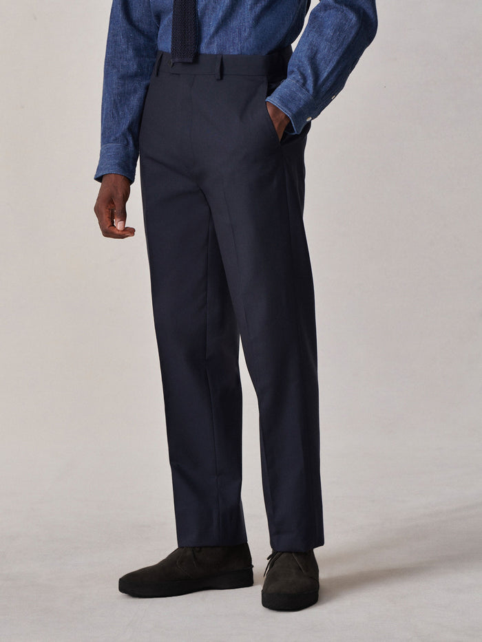 Model Wearing Navy Italian Three-Season Wool Graduate Pant