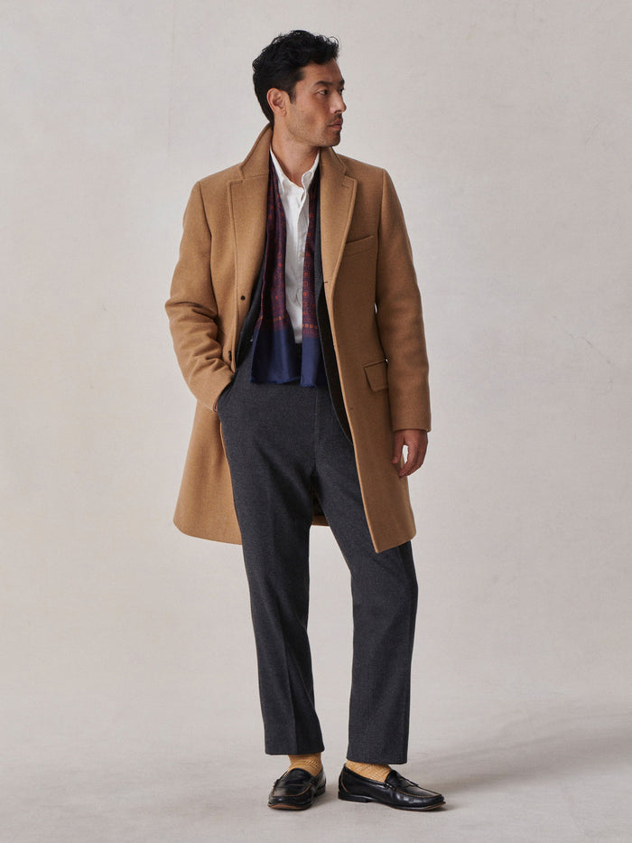 Model Wearing Camel Herringbone Italian Wool Town Coat - Front