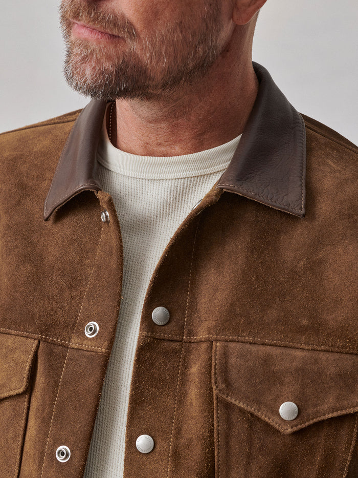 Model Wearing Pull-Up Rambler Suede Trucker Jacket